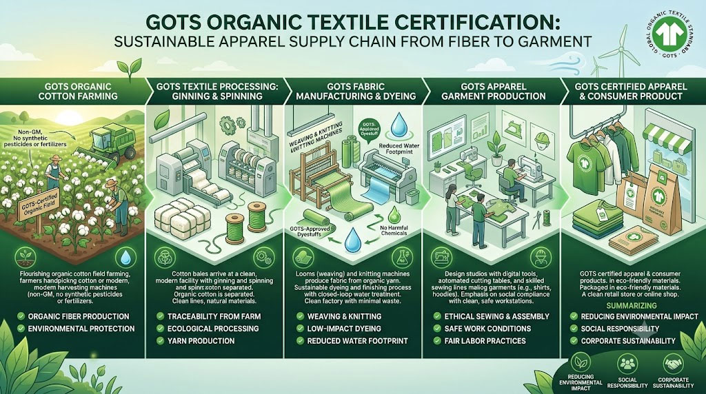 An infographic detailing the GOTS sustainable supply chain process, showing the progression from organic cotton farming (non-GMO, no synthetic pesticides) through ginning, spinning, eco-friendly fabric manufacturing, ethical garment assembly with safe work conditions, and final packaging, highlighting the holistic commitment to environmental and social responsibility.