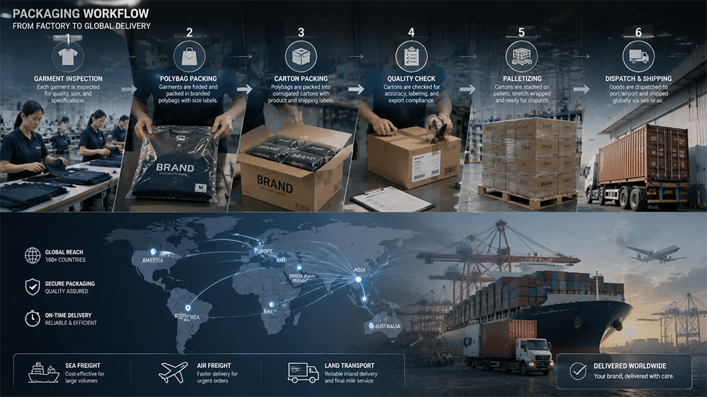 A detailed packaging and logistics workflow infographic showing the steps from individual garment inspection and polybag packing to carton sealing, palletizing, and global dispatch. The graphic includes a map illustrating international shipping routes via sea and air, confirming a commitment to secure, reliable, and cost-effective worldwide delivery.