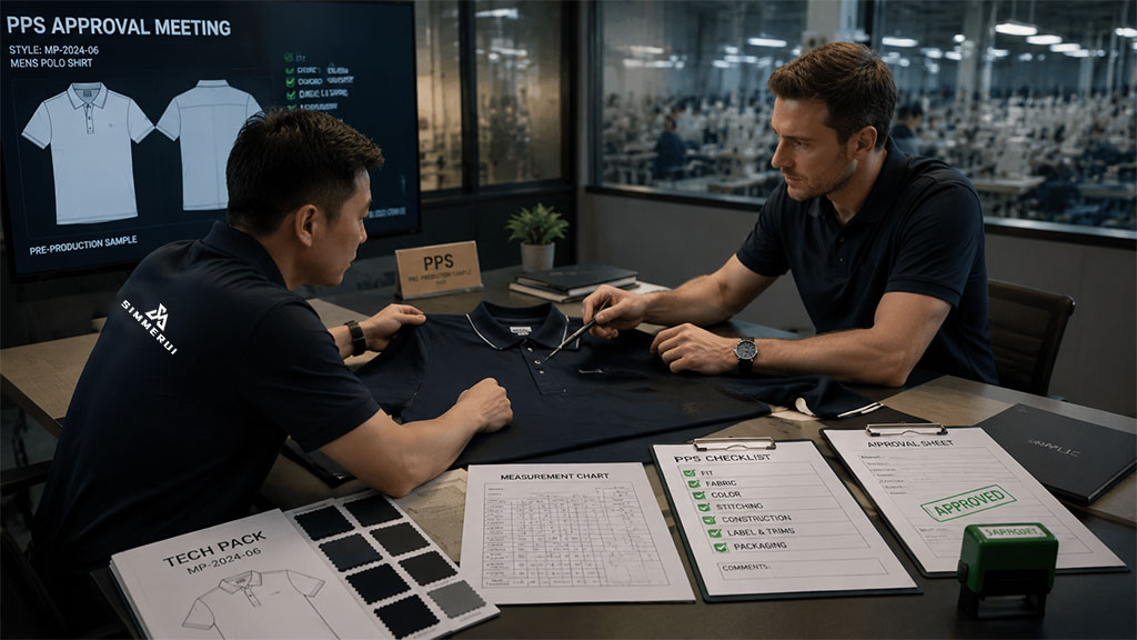 A professional PPS (Pre-Production Sample) approval meeting between two stakeholders in an apparel manufacturing setting. The scene features a finished sample polo shirt under review, a measurement chart, a comprehensive PPS checklist, and an official approval sheet, emphasizing the importance of detailed fit and quality validation before mass production begins.