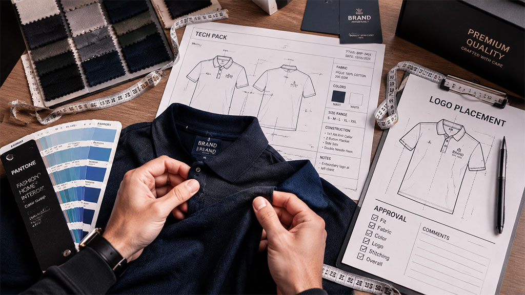 A hands-on view of the pre-production apparel approval process, showing a designer evaluating a finished sample polo shirt against its original tech pack, logo placement specifications, and Pantone color swatches.
