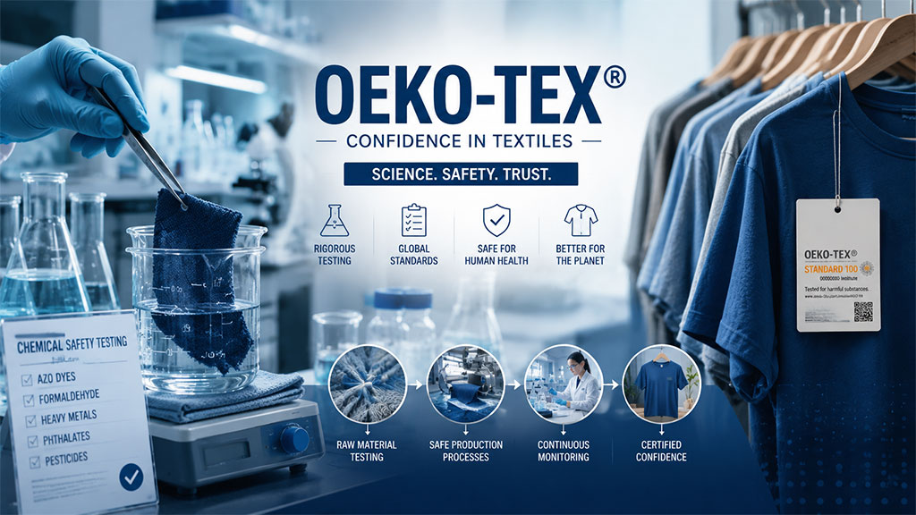 A professional visual representing the OEKO-TEX Standard 100 safety testing process, featuring lab equipment, chemical safety testing criteria (such as checking for azo dyes, formaldehyde, and heavy metals), and finished garments with certification tags, emphasizing scientific rigor, consumer trust, and continuous monitoring for human-safe textiles.