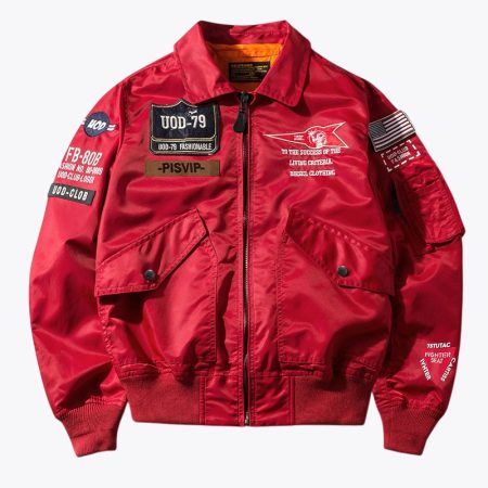 Front view of the vibrant red SimmerUI waterproof tactical bomber jacket, featuring multiple military-style patches, a full-length front zipper, two snap-button side pockets, and rib-knit trim.