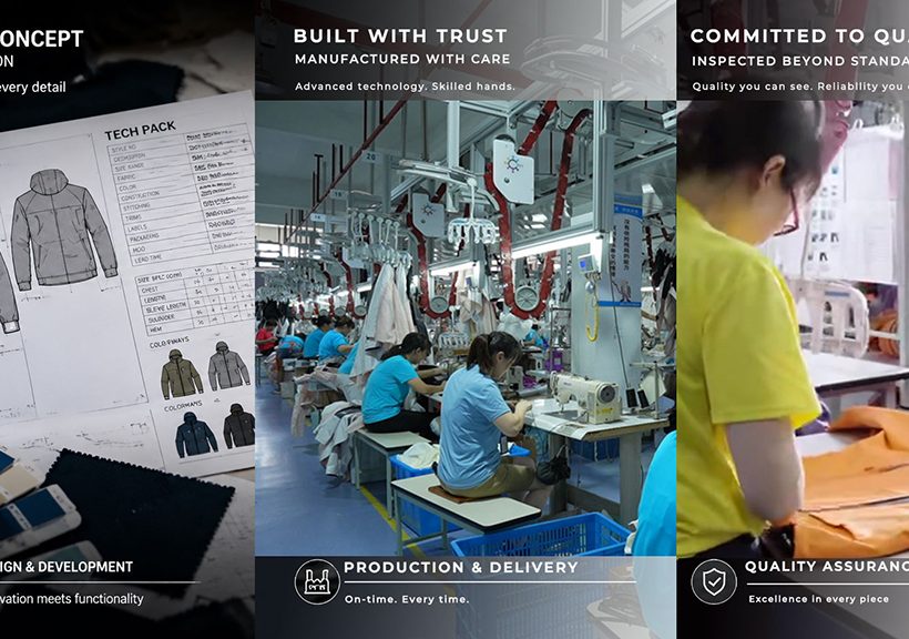 Visual summary for the Reliable Apparel Supplier Guide for Long-Term B2B Partnerships, highlighting the garment lifecycle from design and development to skilled manufacturing and rigorous quality assurance. This overview emphasizes precision, advanced technology, and professional craftsmanship in building a trustworthy, long-term apparel supply chain partnership.