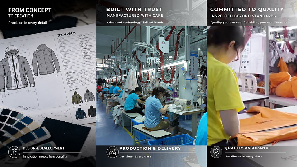 Visual summary for the Reliable Apparel Supplier Guide for Long-Term B2B Partnerships, highlighting the garment lifecycle from design and development to skilled manufacturing and rigorous quality assurance. This overview emphasizes precision, advanced technology, and professional craftsmanship in building a trustworthy, long-term apparel supply chain partnership.