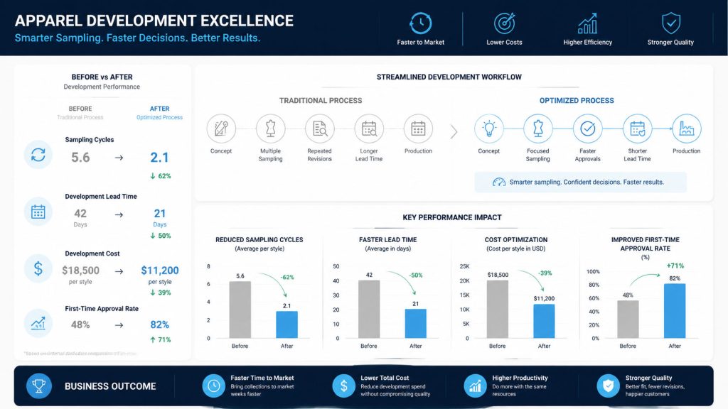A performance dashboard titled "Apparel Development Excellence" comparing traditional versus optimized processes, highlighting key metrics like reduced sampling cycles, lead time, and cost optimization.