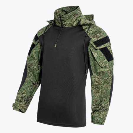 Studio product view of the Simmerui Gen 2 tactical combat shirt in Russian-camouflage color scheme, featuring a mock neck with a quarter-zip closure, long sleeves with integrated shoulder pockets, and adjustable hook-and-loop cuffs for a secure, professional fit.