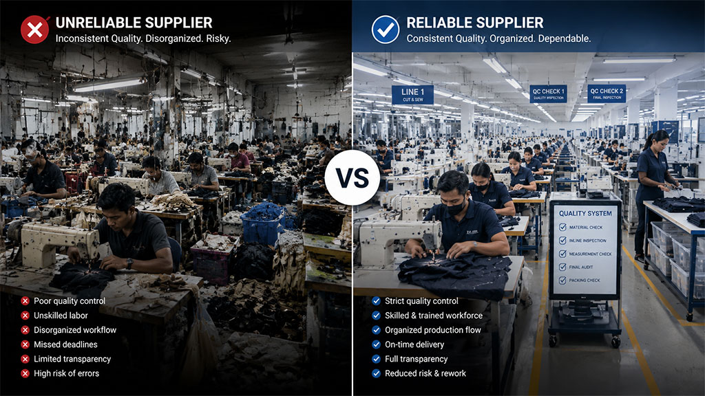 Supplier comparison visual contrasting an unreliable apparel supplier with a reliable one. The unreliable side highlights issues like poor quality control, unskilled labor, and disorganized workflows, while the reliable side features strict quality systems, trained professionals, transparent communication, and on-time delivery, underscoring the importance of selecting a dependable manufacturing partner.