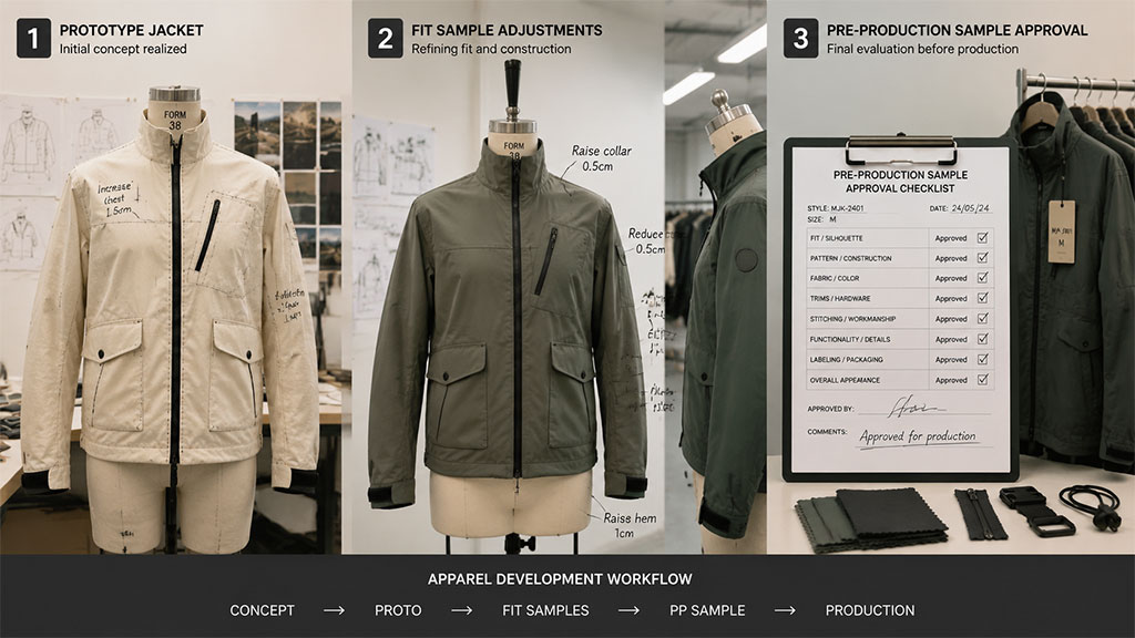 A three-stage apparel development workflow visualization showing the progression from the initial prototype jacket to fit sample adjustments, ending with a pre-production sample approval checklist.