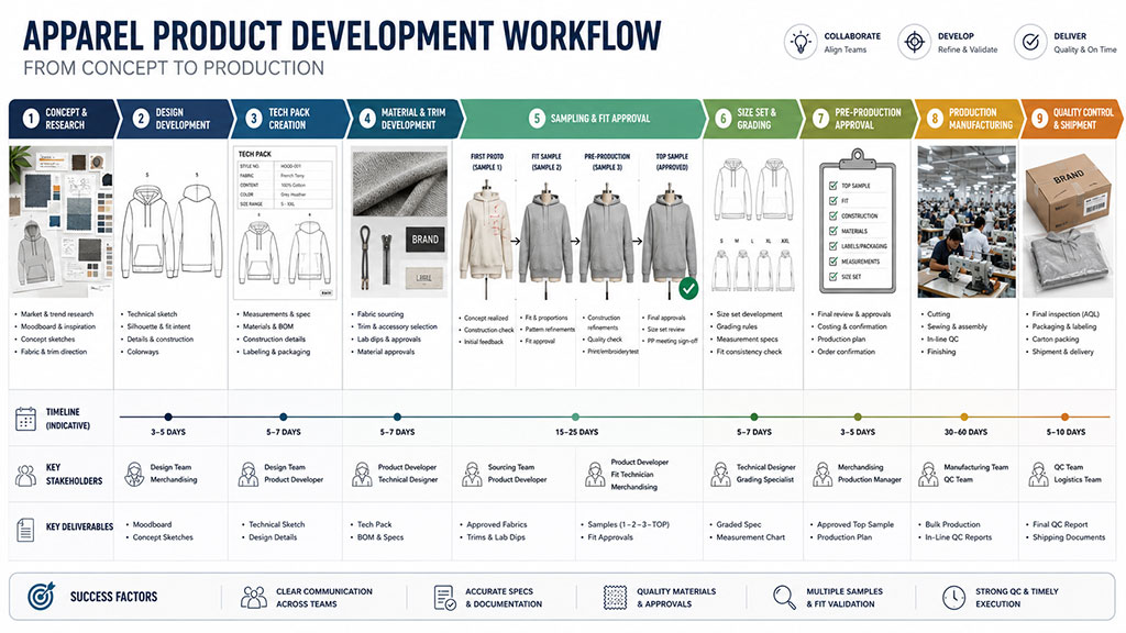 A comprehensive visual flow chart showing the end-to-end custom apparel sampling workflow, mapping out the stages from initial concept and tech pack submission to sample testing, feedback loops, and final production, designed for efficiency and clarity.