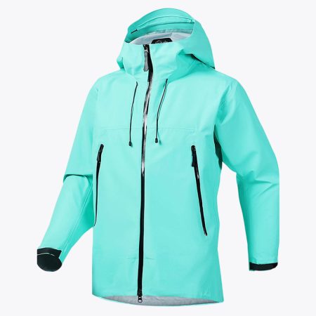 A studio front view of the Simmerui lightweight hooded shell jacket in Shepherd-purse-Green, showcasing its streamlined athletic cut, high-performance waterproof front zipper, and an adjustable technical hood designed for maximum weather protection.