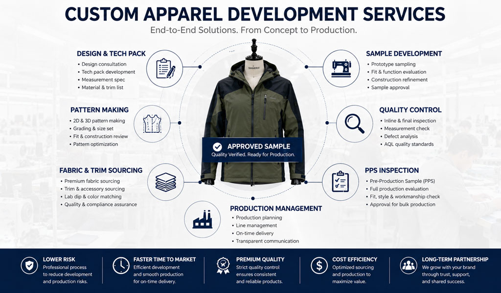 An infographic displaying Simmerui's full-service custom apparel development support, covering essential stages like design consultation, tech pack development, pattern making, fabric sourcing, prototype sample development, and quality control, designed to help apparel brands achieve faster time to market and cost efficiency.