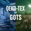 A comparative banner featuring a laboratory setting on the left representing OEKO-TEX's focus on chemical safety and human ecology requirements, juxtaposed with an organic cotton field on the right representing GOTS's focus on organic fibers, environmental stewardship, and transparent supply chains for responsible apparel brands.