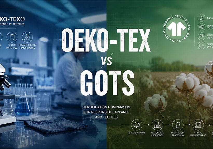 A comparative banner featuring a laboratory setting on the left representing OEKO-TEX's focus on chemical safety and human ecology requirements, juxtaposed with an organic cotton field on the right representing GOTS's focus on organic fibers, environmental stewardship, and transparent supply chains for responsible apparel brands.