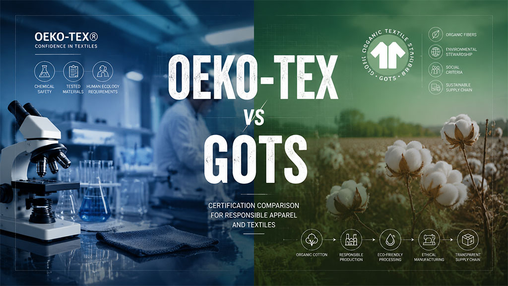 A comparative banner featuring a laboratory setting on the left representing OEKO-TEX's focus on chemical safety and human ecology requirements, juxtaposed with an organic cotton field on the right representing GOTS's focus on organic fibers, environmental stewardship, and transparent supply chains for responsible apparel brands.