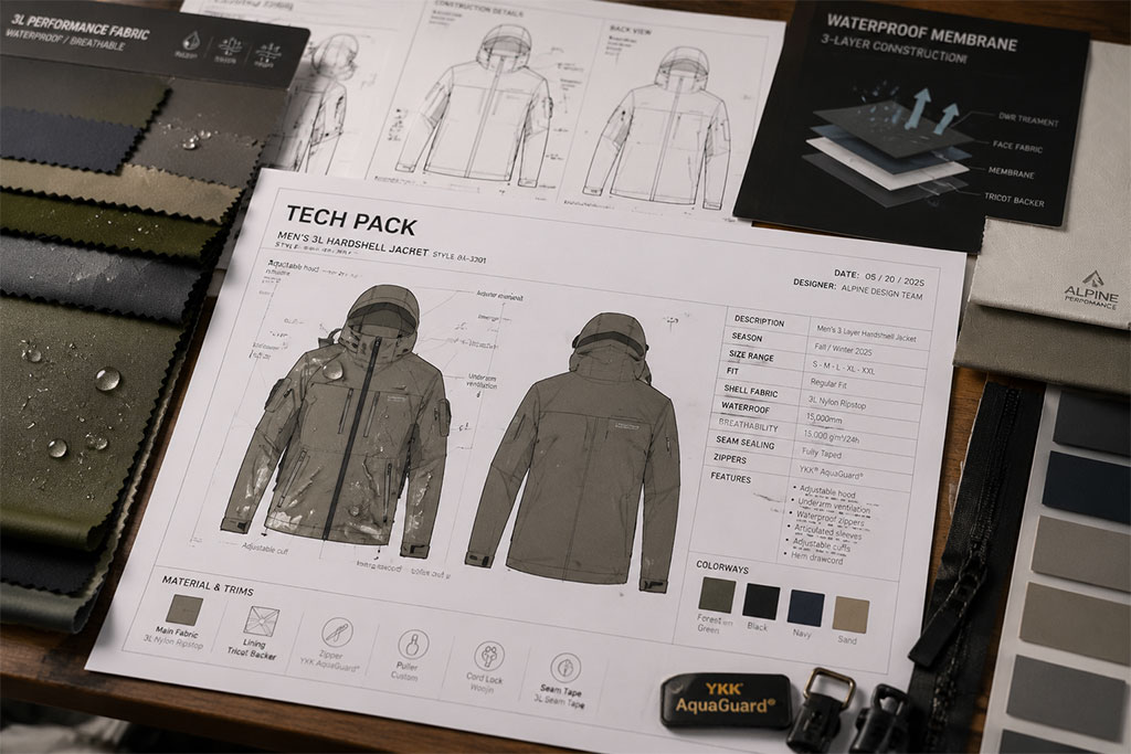 A detailed technical apparel design document (tech pack) for a men’s 3L hardshell jacket, surrounded by various fabric swatches and trim components for performance outdoor gear.