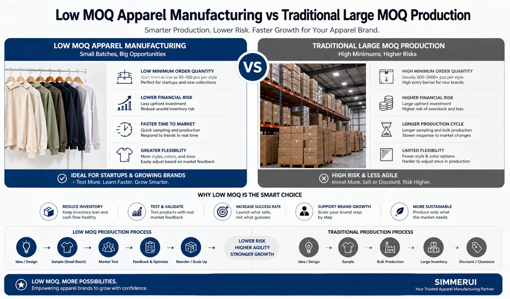A comparative infographic illustrating the differences between low MOQ (Minimum Order Quantity) apparel manufacturing and traditional large MOQ production, highlighting the benefits of low MOQ for startups and growing brands, such as reduced financial risk, greater inventory flexibility, and the ability to test products with real market feedback.