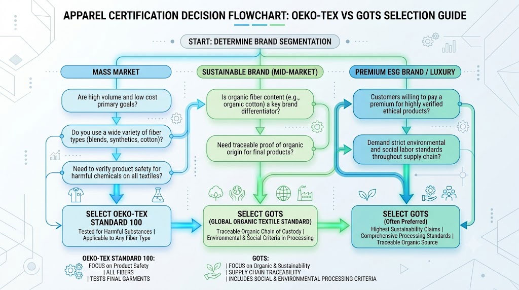 A strategic decision flowchart for clothing brands to determine whether to select OEKO-TEX or GOTS based on their brand segmentation: guiding mass-market brands toward OEKO-TEX for product safety and broad fiber compatibility, and guiding sustainable or premium ESG brands toward GOTS for verifiable organic origin, social compliance, and comprehensive sustainability claims.