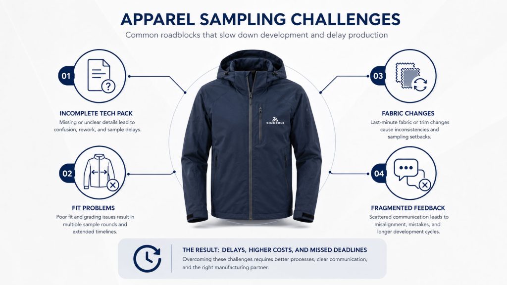 An analytical chart explaining the common causes for multiple sample revisions in apparel manufacturing, such as unclear tech packs, miscommunication with factories, material sourcing issues, and measurement inaccuracies, offering insights on how to avoid these common pitfalls in B2B apparel projects.