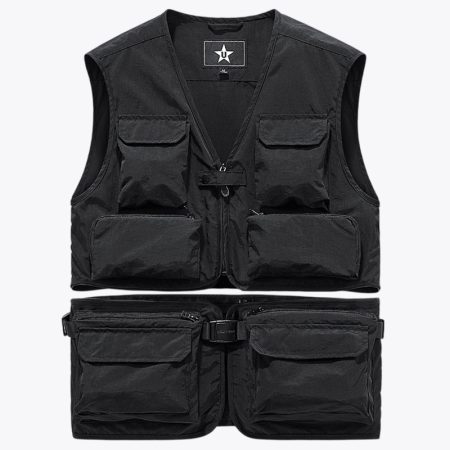 A front-facing studio product view of the black Simmerui tactical fly fishing vest, showing the upper vest section with four storage pockets and a lower detachable utility belt component equipped with additional zippered pockets and a central buckle closure.