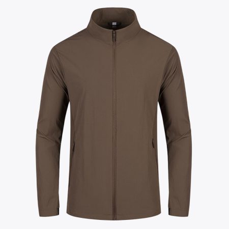 A clean studio front view of the Simmerui lightweight sun protection jacket in coffee, featuring a full-length front zipper, a structured mock neck design, and sleek, minimalist zippered side pockets for a versatile outdoor aesthetic.