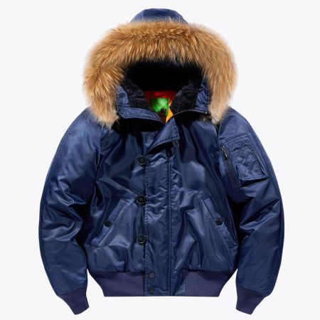 Front view of the SimmerUI winter military bomber jacket in dark blue, featuring a rugged wind-resistant shell, high-quality ribbed collar, and robust front zipper construction.