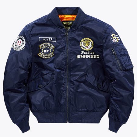 Front view of the dark blue SimmerUI MA-1 bomber jacket, featuring military-inspired embroidered patches on the chest, a stand-up collar, and a full-length heavy-duty central zipper.