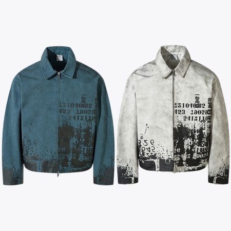 A side-by-side product display showing the Simmerui vintage distressed cropped jacket in both deep blue and distressed grey, highlighting the consistent distressed fabric finish and the artistic black graffiti graphic placement on both garments.