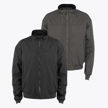 Side-by-side display of the SimmerUI triple protection coach jacket in black and charcoal grey, highlighting the versatile color options, durable fabric texture, and modern tactical style suitable for any weather.