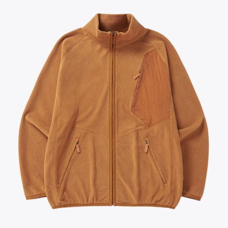 A studio front view of the Simmerui lightweight fleece hybrid jacket in gray orange, showcasing its mock neck design, full-zip front, integrated zippered side pockets, and a contrasting technical chest panel for added style and utility.