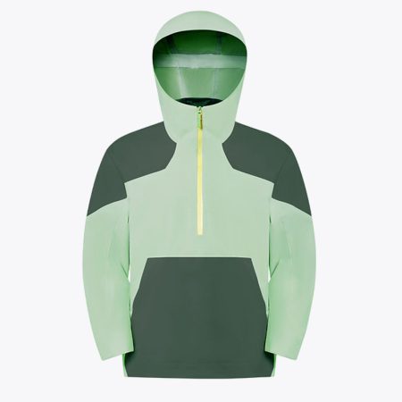 Front view of the Simmerui unisex technical outdoor jacket in green color, featuring a high-neck protective hood and a minimalist half-zip waterproof construction for versatile outdoor wear.