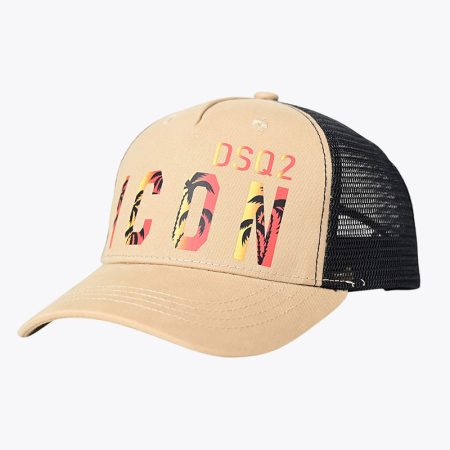 A stylish khaki baseball cap featuring the bold "ICON" graphic with a sunset-inspired palm tree print and "DSQ2" lettering, paired with a black ventilated mesh back panel.