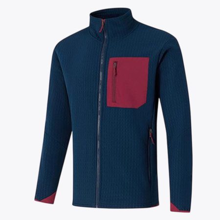 Front view of the SimmerUI waterproof soft shell fleece jacket in lake-blue color, featuring a high-neck stand-up collar, full-length front zipper, and a sleek, athletic fit designed for outdoor utility.