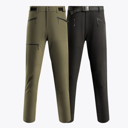 Front view of the SimmerUI men's lightweight quick-dry softshell pants in classic black, featuring a streamlined athletic cut, durable construction, and a professional look suitable for hiking or tactical use.