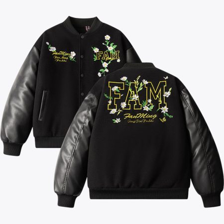 A front and back View of the black Simmerui Floral embroidered varsity jacket featuring a structured collar, intricate colorful floral embroidery on the right and left chest, and PU leather two sleeves.