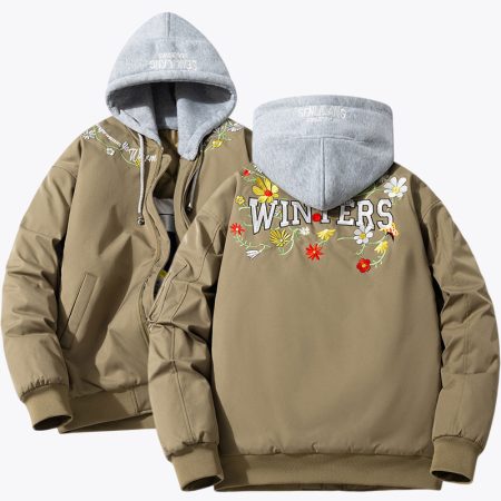 Full product shot of the beige Simmerui quilted bomber jacket with a grey hood, drawstring closure, and floral embroidery details on the front shoulders.