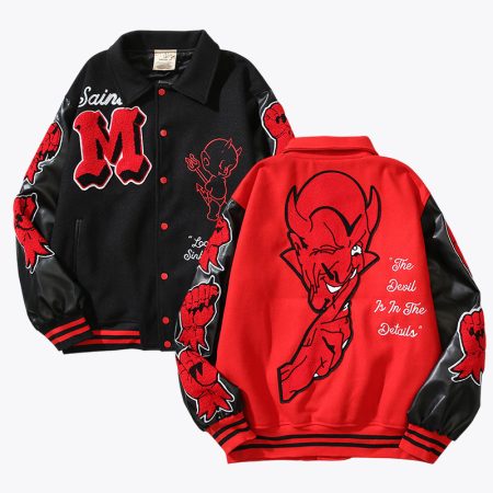 Full front view of the SimmerUI vintage-style letterman varsity jacket, showcasing a premium black wool-blend body, contrasting leather-look sleeves, and bold collegiate-inspired chest embroidery patches.