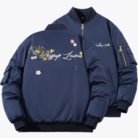 front and back front view of the navy blue Simmerui padded jacket featuring a ribbed collar, silver full-zip closure, and a utility pocket on the left sleeve.