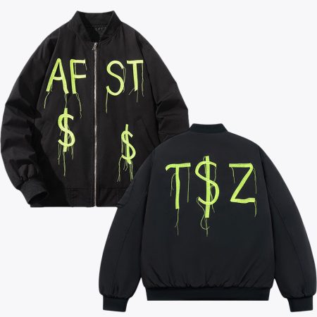 Composite product image displaying both front and back views of the Simmerui jacket highlighting the neon green letter embroidery throughout and the classic bomber cut