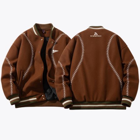 Studio product shot of the Simmerui brown vintage embroidered wool blend varsity jacket, displayed open to reveal a quilted black interior lining, white baseball-style embroidery across the front, and branded flag patch.
