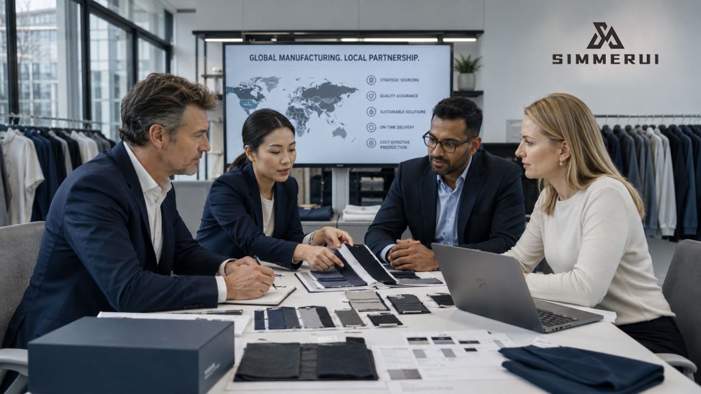 A professional corporate meeting focused on global manufacturing and local partnership, where an expert apparel team analyzes fabric swatches and production planning documents against a world map background, highlighting strategic sourcing and cost-effective production solutions.