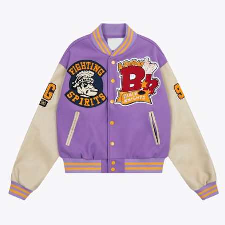 Front view of the SimmerUI men's baseball jacket in purple, featuring premium contrasting sleeves, a classic snap-button front closure, and striped ribbed collar and hem for a timeless varsity look.