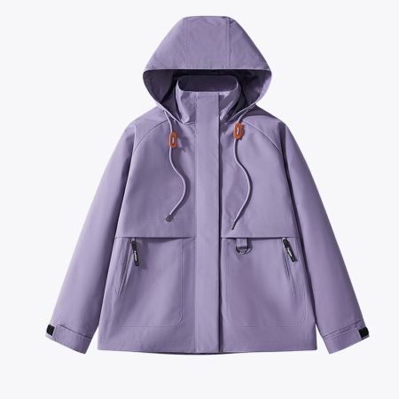 Front view of the Simmerui outdoor waterproof jacket in purple, featuring a functional hood, secure zippered front pockets, and a modern, versatile outdoor silhouette.