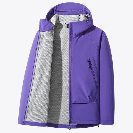 Front view of the SimmerUI lightweight hooded softshell jacket in purple, featuring a streamlined athletic cut, high-stand collar with an adjustable hood, and a full-length windproof zipper.