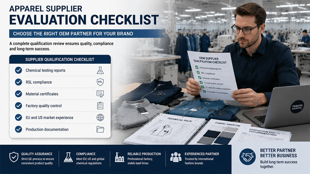 Apparel supplier evaluation checklist for OEM partnerships, showing an auditor reviewing qualification reports, technical packs, and fabric swatches in a garment factory.