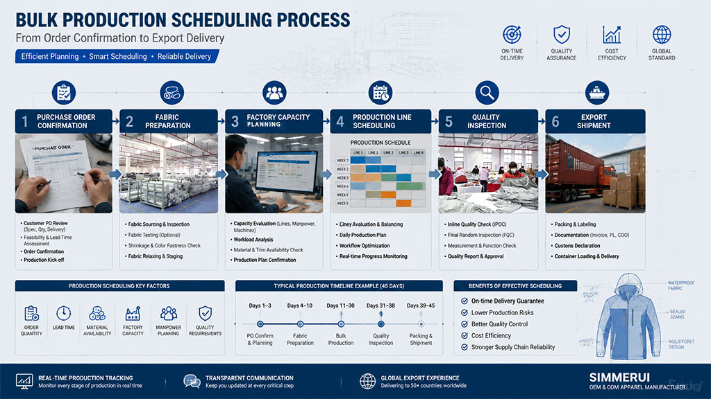 Detailed infographic illustrating the apparel bulk production scheduling process, covering steps from purchase order confirmation and fabric preparation to quality inspection and final export shipment for garment manufacturing.