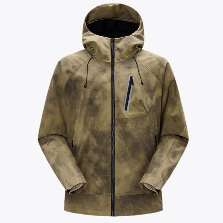SimmerUI vintage technical hooded jacket in apricot with a distressed finish, featuring a waterproof front zipper, zippered chest pocket, and an adjustable hood for outdoor streetwear style.
