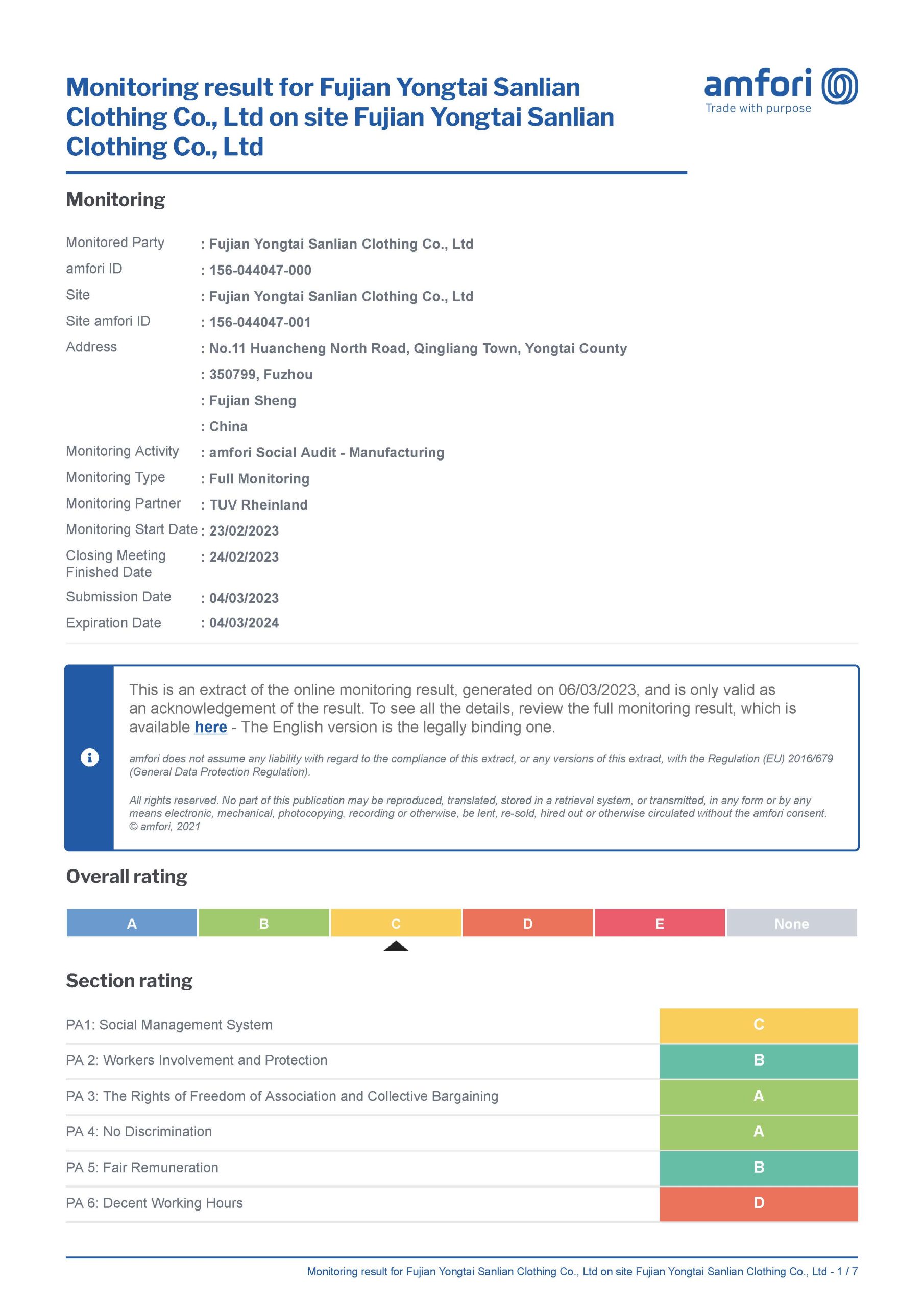 amfori BSCI social audit monitoring result certificate for Simmerui showing factory compliance ratings and social performance scores.