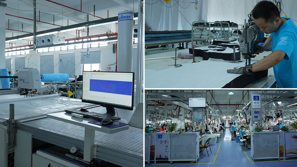 A composite view of the apparel bulk production stage, featuring an automated fabric cutting machine with digital interface, a worker operating a professional industrial sewing machine on layered fabrics, and an overview of a bustling garment factory production floor with workers at various sewing stations.
