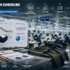 A production manager reviewing an apparel manufacturing schedule on a whiteboard in a busy factory, highlighting real-time progress, daily output targets, and workflow planning for export orders.