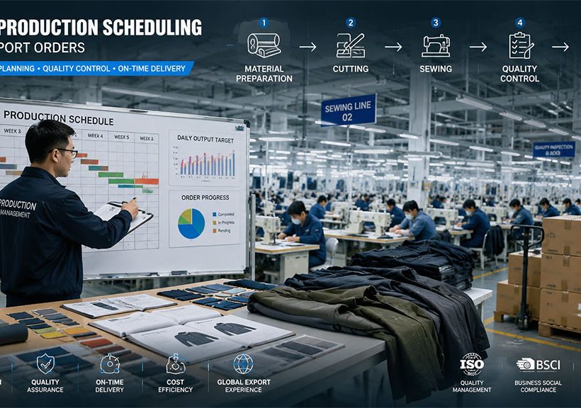 A production manager reviewing an apparel manufacturing schedule on a whiteboard in a busy factory, highlighting real-time progress, daily output targets, and workflow planning for export orders.